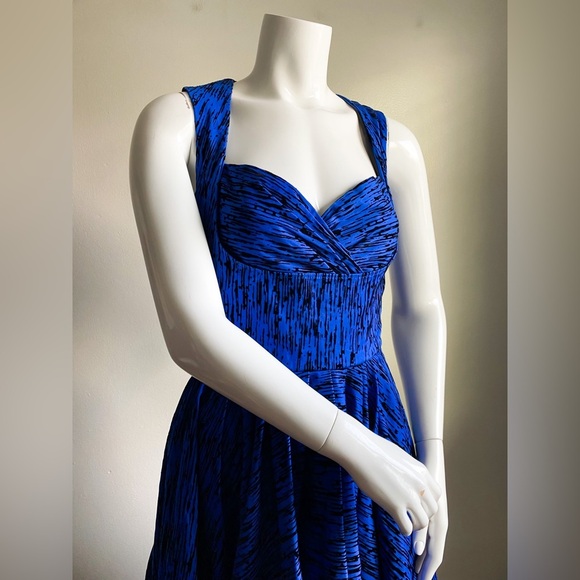 Laura Byrne Blue Flocked Vintage Fit Flare Retro Swing Dress Prom Wedding Formal - Picture 8 of 15